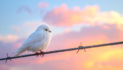 Obraz premium White Dove Perched on Wire with Colorful Sky Background Symbol of Peace and Hope in a Serene Environment.