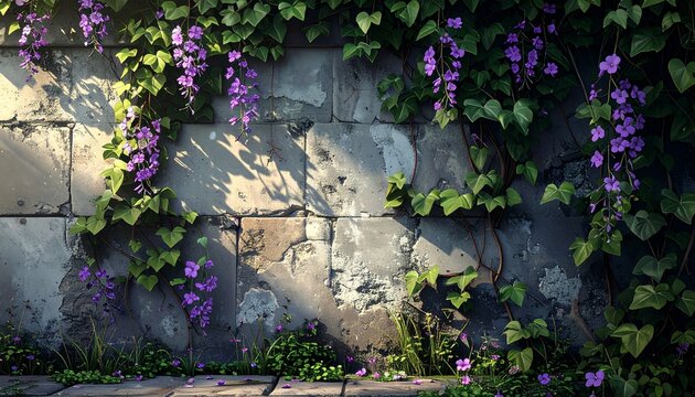 Wisteria cascading down a weathered stone wall in soft light.
