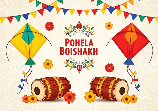 Pohela Boishakh festival celebration with kites drums and flowers decorations  traditional Bengali new year