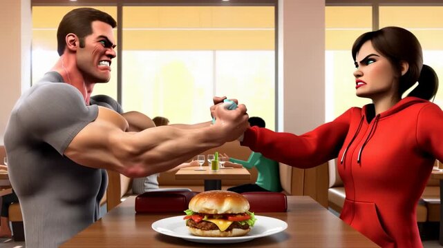 Animated couples intense arm wrestling over burger in restaurant,man and woman clashing over food,hunger games,food competition