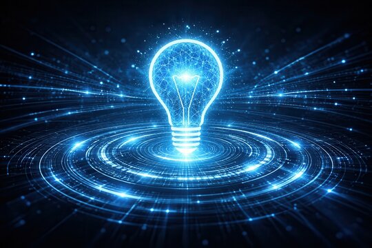 Futuristic glowing light bulb with digital brain inside representing innovation, AI technology, and creative ideas in dark blue tech background