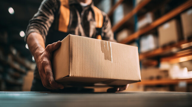 Worker lifting heavy cardboard box from low shelf in warehouse demonstrating proper posture and ergonomics during manual handling and safe lifting