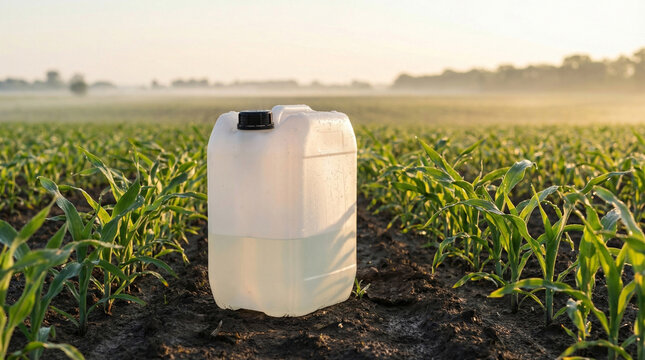 Plastic container with agricultural liquid in a vibrant young corn field at misty sunrise