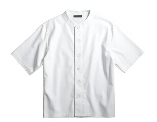 Crisp white, short-sleeve button-up shirt with a band collar