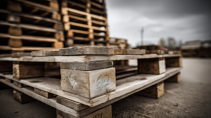 Obraz premium Tall stack of weathered wooden pallets leaning in an outdoor storage area with a rustic industrial feel