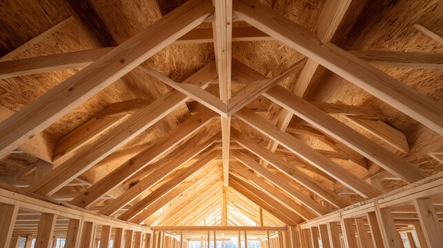 Triangular timber roof truss installation in a new residential interior with sawdust on the floor during framing work