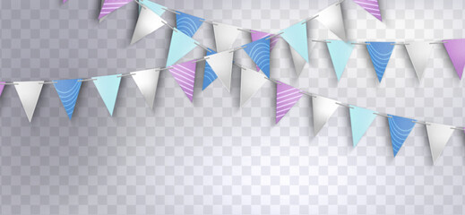 Fototapeta premium Colorful party flag bunting with triangular pennants on transparent background. Festive paper garland with pink, blue and white flags with striped pattern. Realistic 3D birthday decoration.