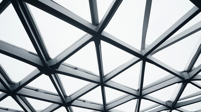 Low angle perspective of steel truss beams forming a geometric pattern against a bright overcast sky industrial structure with metal geometry