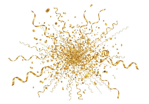 Golden confetti explosion with streamers and particles isolated on transparent background