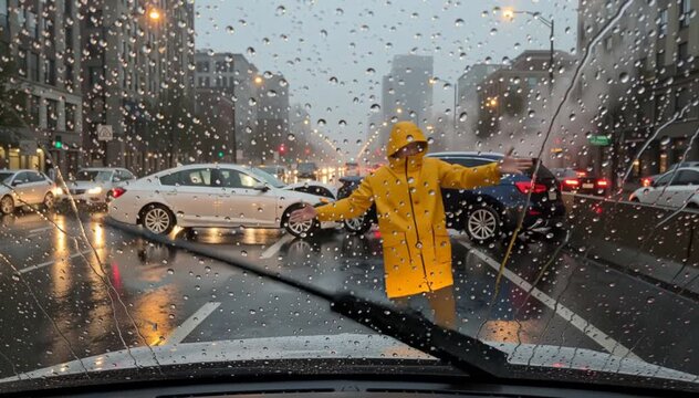 Man in yellow raincoat directing traffic at car accident scene. Wet city street with collision during rain. Emergency situation on road for driver and pedestrian.