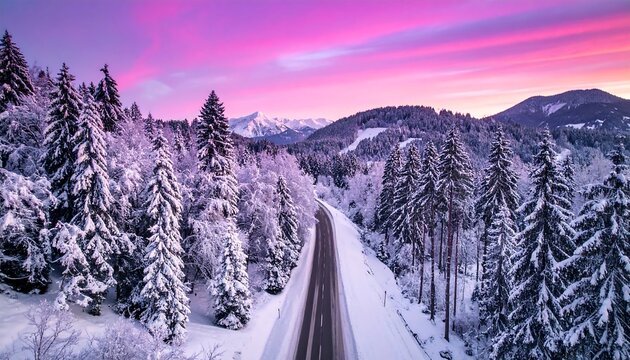 Winter road cuts through snow-covered trees under a pink sky, mountains in background
