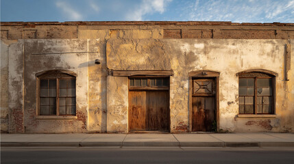 Fototapeta premium Abandoned warehouse facade with crumbling masonry and boarded up windows on a quiet urban street evoking derelict mood