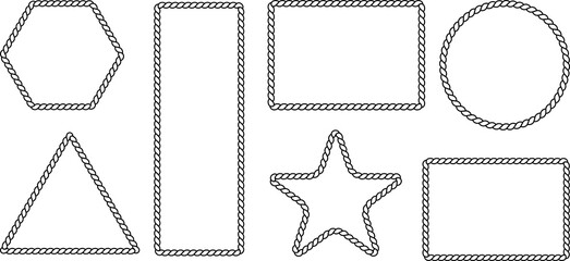 Rope frame border set isolated on white bg. Hexazon, square, oval and heart shape in sailor theme, brown nautical rope collection, flat vector illustration. © Ajimul