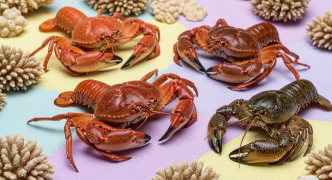 Close up of cooked crabs on a colorful surface surrounded by decorations