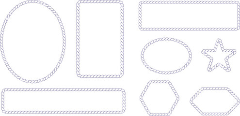 Rope frame border set isolated on white bg. Hexazon, square, oval and heart shape in sea sailor theme, nautical rope collection, flat vector illustration. Travel and marine loop and cord frames.