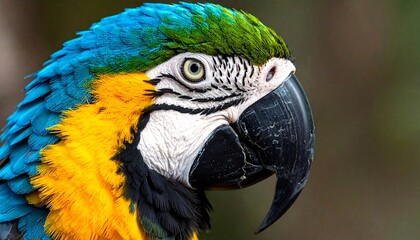 Obraz premium Vivid, close-up shot of a macaw's head showcasing its bright blue, yellow, and green plumage against a blurred backdrop