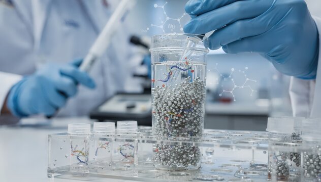 Medium shot of proteinbound magnetic beads being carefully inspected by lab technicians emphasizing bioconjugation processes for selective nucleic acid separation.