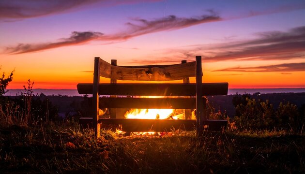 Wooden bench sits before a blazing fire, bathed in the warm glow of a vibrant, colorful sunset