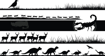 Bird silhouette illustration, ant insect vector artwork, scorpion underground design, deer wildlife drawing, dinosaur silhouette sketch, prehistoric animal artwork © Razia