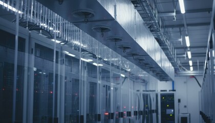 Focused view on hot aisle containment in a modern data center displaying enclosed server racks with temperaturecontrolled overhead ducting and ambient blurred surroundings.