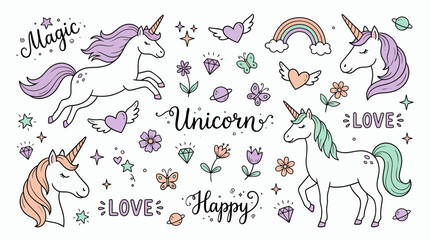 Naklejka premium Hand drawn cute unicorn doodle collection featuring rainbow stars hearts and flowers on white background, concept for children nursery decor, greeting card design and fantasy stickers