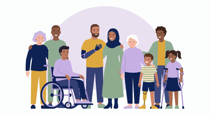 Obraz premium Diverse group of multiracial people with disabled individuals using wheelchair prosthetic limbs and crutches, concept for social inclusion, healthcare equality and community diversity