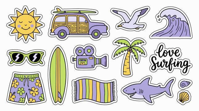 Collection of colorful summer surfing stickers featuring surf van, shark, wave and beach accessories isolated on white, concept for travel scrapbooking, summer branding and beach decorations