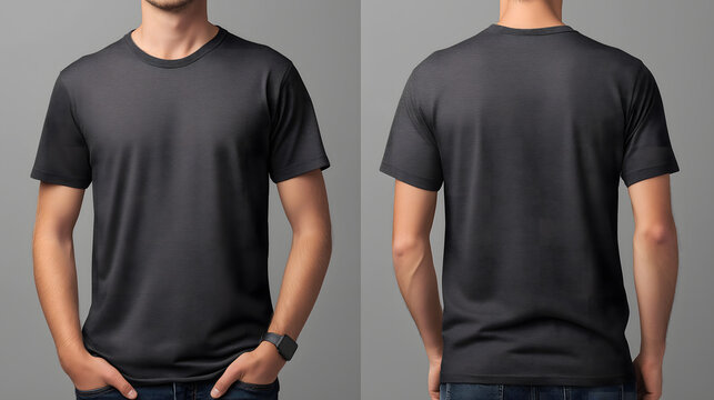 A man modeling a dark gray t-shirt from the front and back against a plain background