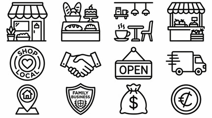 Fototapeta premium Black outline icons set of local business shop elements, retail commerce symbols and store services, concept for entrepreneurial branding, mobile app interface and marketing presentations