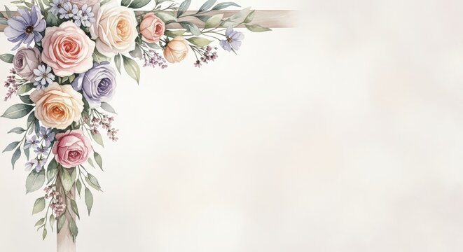 Floral corner arrangement with pastel roses and greenery on soft background, watercolor, copy space  