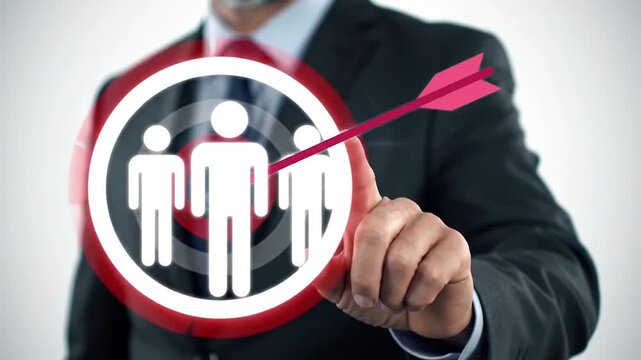 Business professional targets audience group with arrow hitting center bullseye conceptualizing strategy and selection cinematic stock footage