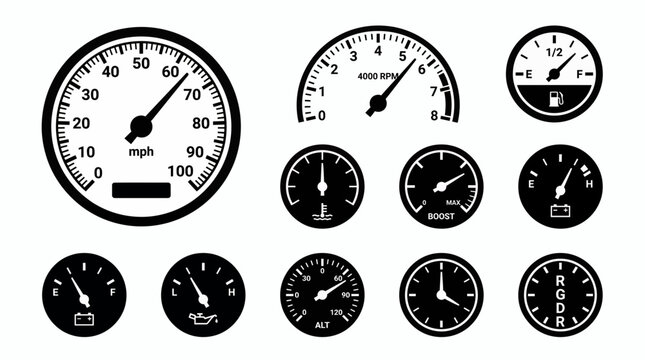 Set of minimalist black car dashboard gauge icons including speedometer tachometer fuel and oil dials on white, concept for automotive UI design, vehicle monitoring, transport infographics
