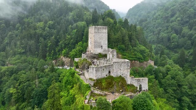 Historical Zilkale (Zil Kale) Castle located in Camlıhemsin, Rize and Kackar Mountains in the background