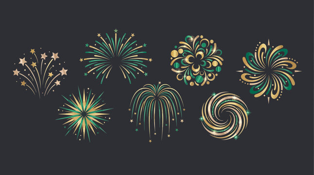 Collection of elegant green and gold firework icons in various starburst and spiral patterns on dark background, concept for luxury holiday celebrations, greeting cards and festive branding