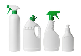 Four white cleaning spray bottles with green caps and nozzles isolated on transparent background