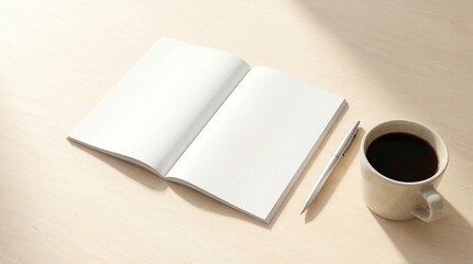 Top-down flat lay view of a blank open notebook and a pen on a clean beige desk background.