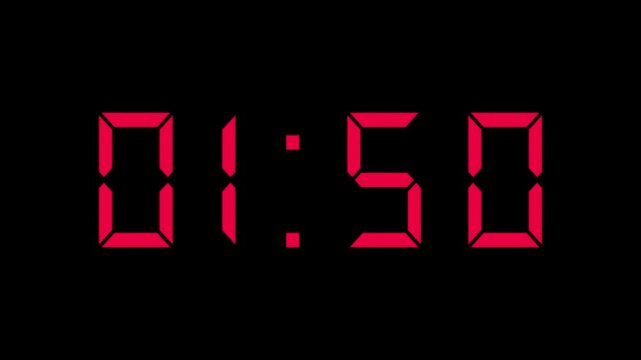 2 Minute countdown animation on black background. 2 minute timer on stopwatch