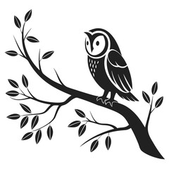 Fototapeta premium Majestic owl perched on tree branch with leaves