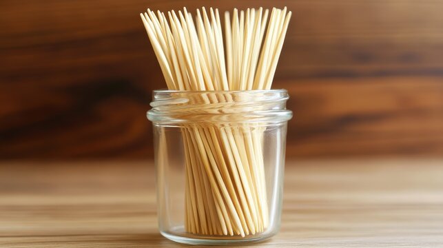 Many Pointed Bamboo Toothpicks Arranged in a Clear Glass Container on a Wooden Surface