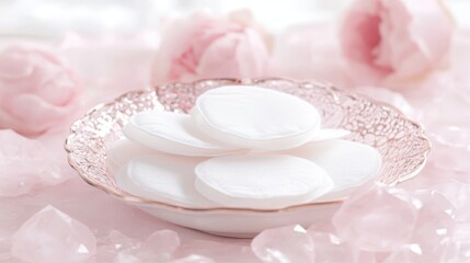 Soft Organic Cotton Makeup Remover Pads Arranged in a Decorative Pink Dish with a Gentle Floral Background