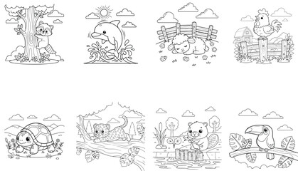 Obraz premium Cute raccoon peeking from behind a tree coloring page