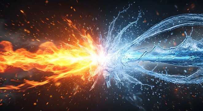 Abstract collision of fire and water elemental forces. Contrast and conflict power concept. Red flames and blue liquid splashing together in a dynamic energy explosion