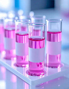 Glass test tubes filled with pink liquid in laboratory rack, medical research concept, chemical or pharmaceutical industry
