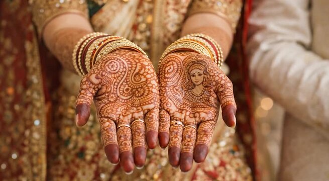 Indian bride showing mehndi design on open palms with bridal jewelry and bangles traditional wedding ritual scene ideal for henna artist advertisement bridal beauty promotion and wedding service marke