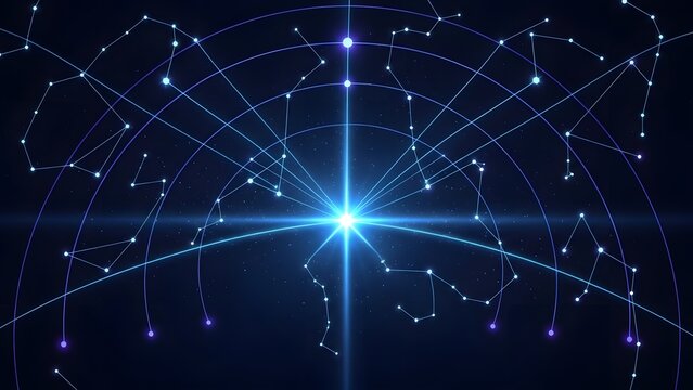 Blue constellation map and astrological radar screen. Space navigation and astronomical star tracking. Glowing stellar chart with connecting lines and celestial coordinate grid