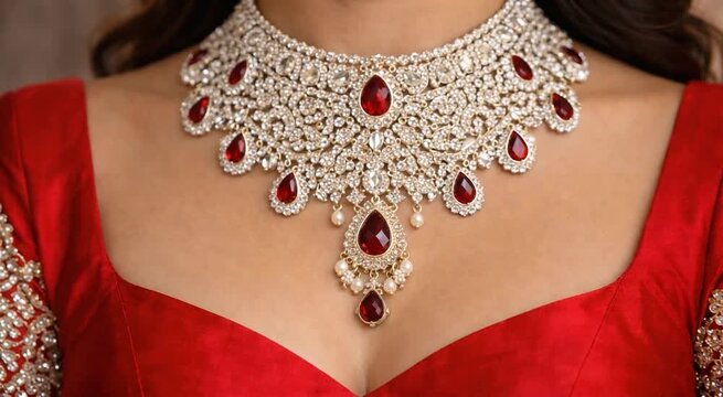 Closeup of luxury bridal necklace with red gemstone on bride neck sparkling jewelry detail ideal for wedding jewelry advertisement luxury brand promotion bridal fashion marketing