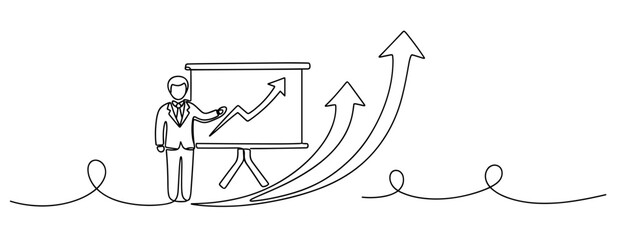 Fototapeta premium Business growth presentation by male presenter with line art arrows indicating success. No editable stroke