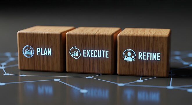 Business strategy concept with plan execute refine wooden blocks