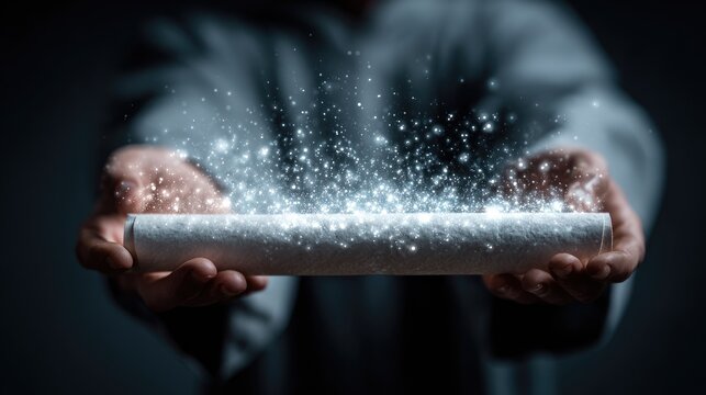Enchanting Sparkles Emanating from a Rolled Paper Document Held by Hands in a Dark Setting