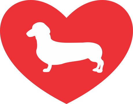 Dachshund popy  white silhouette on red heart background